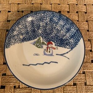 Thomson Pottery. Snowman Ceramic Salad Plate - Holiday Winter Scene. Set of 3.